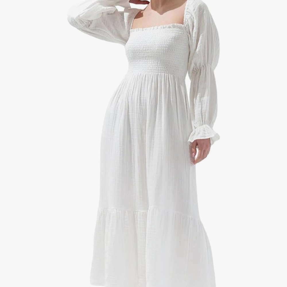 Women Boho Smocked Maxi Dress Long Puff Sleeve Floral Square Neck